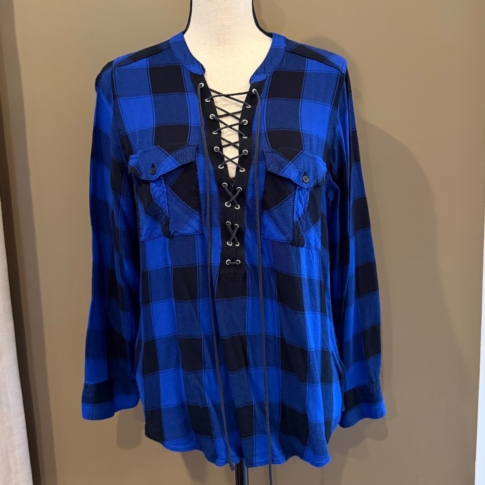 Express Lace Up Black & Blue Plaid Long Sleeve, Size Large